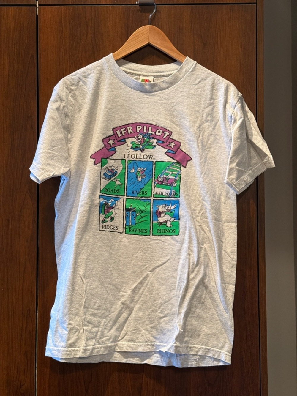 Fruit of the Loom Light Gray Tee with Green & Purple Cartoon Pilot Print